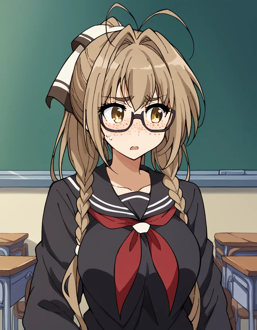 score_9, score_8_up, score_7_up, source_anime, <lora:isuzu-sento-s1-ponyxl-lora-nochekaiser:1>, isuzu sento, long hair, brown hair, bow, brown eyes, ponytail, hair intakes, antenna hair, large breasts, <lora:jimiko-ponyxl-lora-nochekaiser:1>, jimiko, glasses, black-framed eyewear, messy, unkempt, thick eyebrows, twintails, braids, freckles, baggy eyes,, blush, open mouth, embarrassed, classroom, adjusting eyewear, serafuku, black serafuku, red neckerchief, skirt, black skirt, pleated skirt, cowboy shot, <lora:averting-eyes-ponyxl-lora-nochekaiser:1>, averting eyes,