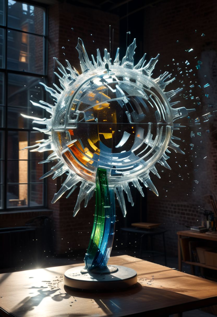 Streetview, a sculpture made of glass, dispersion phenomena, Dramatic light, cinematic, detailed texture, masterpiece, masterpiece, good lighting, Studio Light,