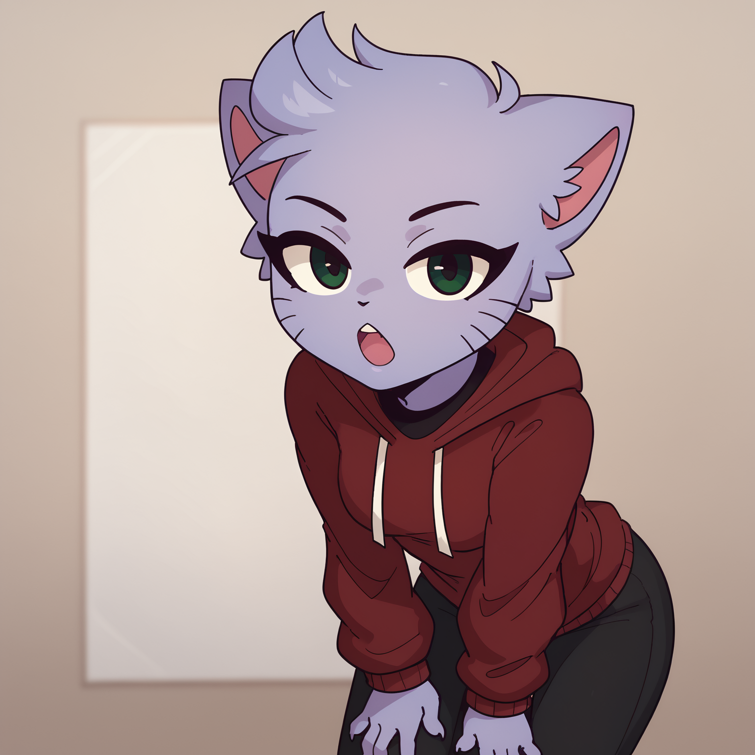 score_9, score_8_up <lora:Katzun-PONY:1> katzun, dark green eyes, female, solo, red hoodie, standing, pants, leaning forward, hands on knees, looking at viewer, narrowed eyes, open mouth