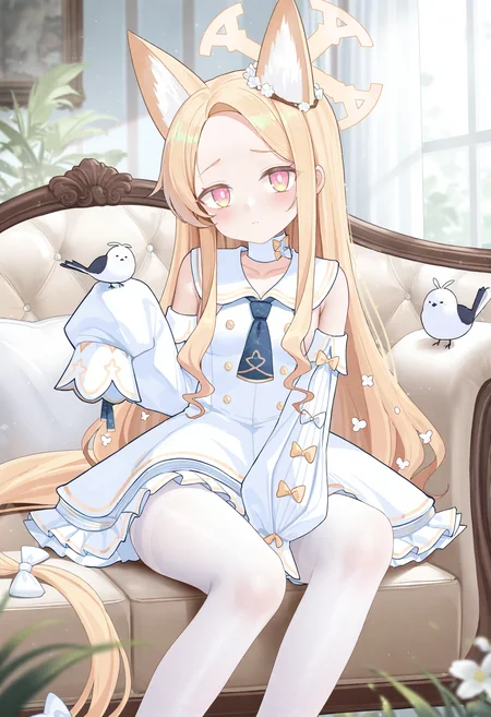 1girl, seia \(blue archive\), 
(fh moya:0.3), 
solo, pantyhose, animal ears, feet out of frame, parted bangs, forehead, long hair, hand between legs, bare shoulders, indoors, couch, white dress, sleeveless dress, small breasts, necktie, looking at viewer, short necktie, breasts, sitting, yellow eyes, collarbone, very awa hood, halo, animal ear fluff, bird, thighs, white sleeves, dress, on couch, puffy sleeve, blonde hair, fox ears, detached sleeves, closed mouth, white pantyhose, puffy long sleeves, sleeveless, blue necktie, short dress, puffy detached sleeves, between legs, pink eyes,
masterpiece, best quality, newest, absurdres, highres
 <lora:moya1_noob1.1-000193:0.7>