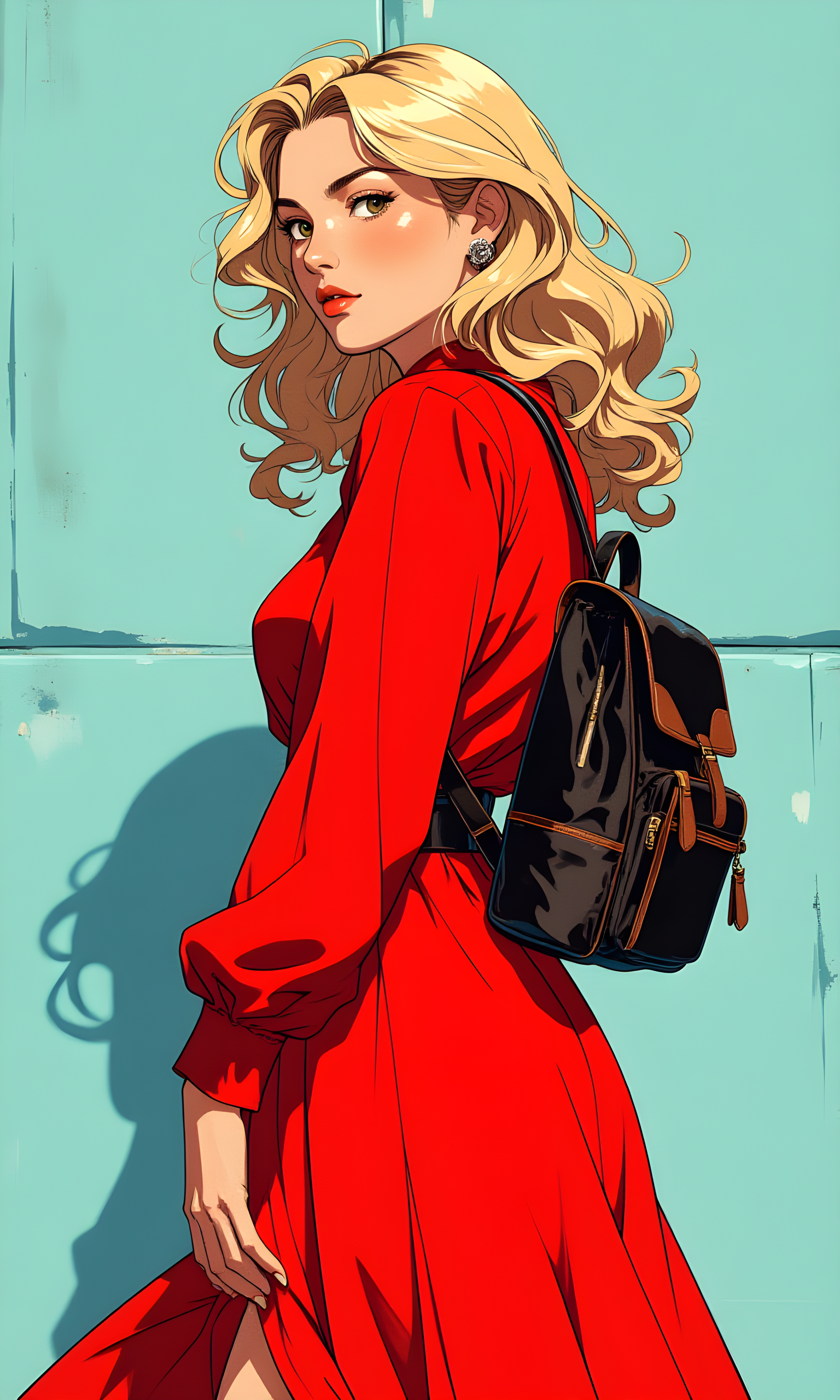 The subject is a woman with long, wavy blonde hair styled in loose waves. She is wearing a vibrant red dress that flows elegantly around her body. The dress has a high neckline and long sleeves, giving it a sophisticated and timeless look. Her posture is confident and poised, with one hand resting lightly on her hip. 
The woman's facial expression is serene and composed. Her gaze is directed slightly away from the camera, adding an air of mystery and contemplation. Her lips are closed, and her eyes convey a sense of calmness and self-assurance. 
The woman is standing with her back partially turned to the camera, allowing for a three-quarter view of her figure. Her left arm is bent at the elbow, with her hand resting on her hip, while her right arm hangs loosely by her side. This pose highlights the flow of her dress and the details of her outfit. 
She is dressed in a striking red dress that features a high neckline and long sleeves. The dress is cinched at the waist with a belt, accentuating her figure. The fabric appears to be lightweight and flowing, adding a graceful quality to her appearance. She also carries a black backpack with brown accents, which adds a casual yet stylish element to her overall look. 
The camera is positioned at eye level, capturing the subject from a medium distance. This angle allows for a clear view of her upper body and face while still including part of the background. The framing centers the subject, drawing immediate attention to her and her attire. 
The lighting in the image is soft and even, with no harsh shadows. The light source appears to be coming from the front-left side, casting gentle shadows that contour her features and the folds of her dress. The overall illumination is balanced, highlighting the rich color of her dress and the texture of her hair. 
The background is a plain, light blue wall, which provides a neutral backdrop that does not distract from the subject. The simplicity of the background ensures that all attention remains on the woman and her outfit. There are no other elements or distractions in the background, emphasizing the focus on the subject. 
The composition is well-balanced, with the subject placed centrally in the frame. The vertical lines of her dress and the diagonal lines of her pose create a sense of movement and dynamism. The contrast between the vibrant red of her dress and the muted blue of the background further emphasizes the subject, making her the focal point of the image. The overall composition conveys a sense of elegance and style. 
BREAK anime, d13s3lp2nk, bboil artist style, OBdonman, Anime art, <lora:FLUX\Anime Art V3:0.2>, <lora:FLUX\Synesthesia:0.2>, <lora:FLUX\RetroAnimeS1.1:0.5>, <lora:FLUX\Flux-jijia:0.1>, <lora:FLUX\It's a LoRA for portraits, BUT! actually specialized in backgrounds. v1.0:0.1>, <lora:FLUX\GLSHS:0.2>, <lora:FLUX\Dieselpunk Delight - s0_9 g4:0.4>, <lora:FLUX\OBdonman, anime0style portrait:0.1>