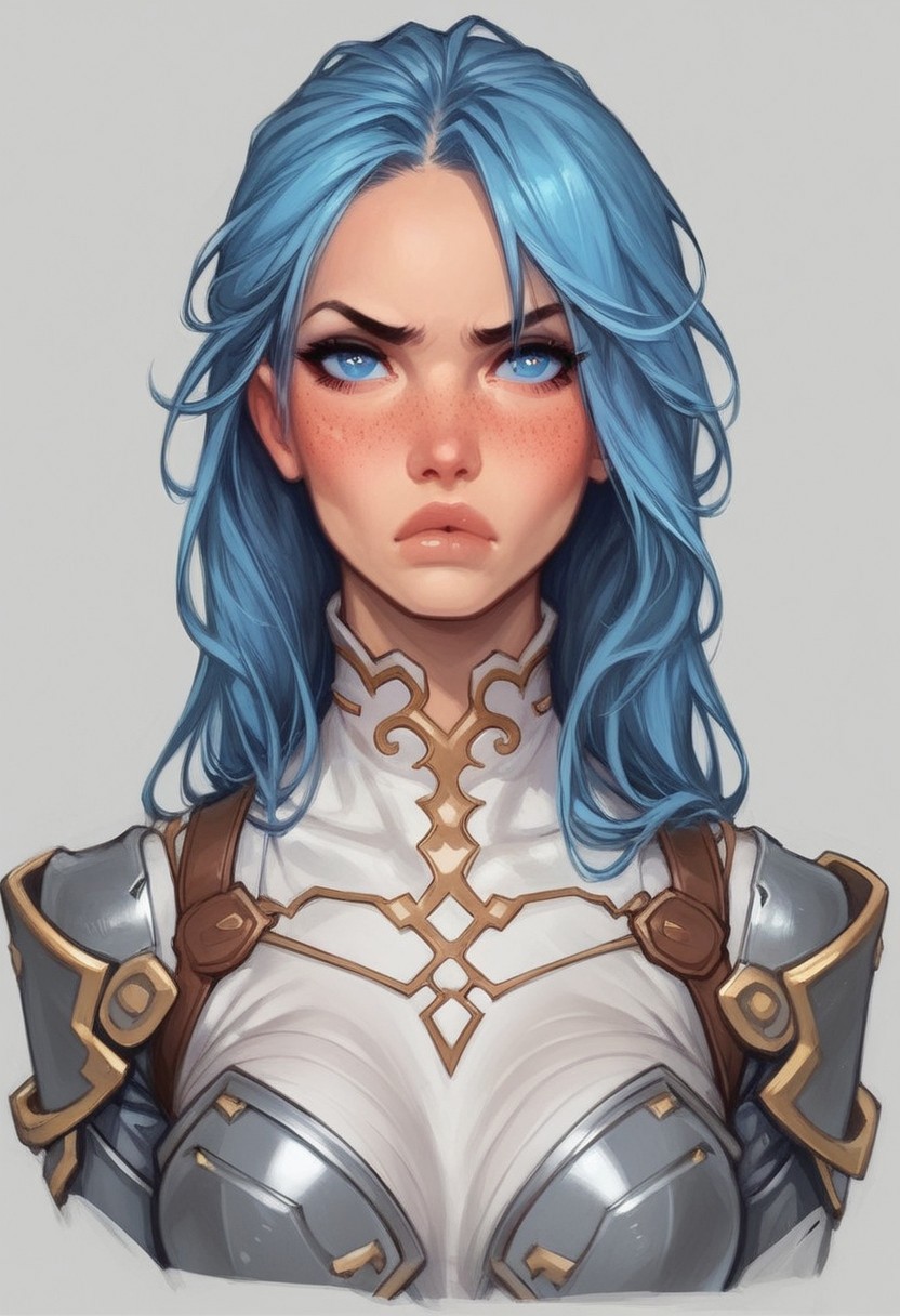 beauty female, mesmerizing, cute-faced, Dimpled, light blue Almond-shaped eyes , Gray/Silver, Long Hair Styles Layers, Fair, Sloppy, Disheveled,  Pout,  Blush,  Determined, Fidgeting, Freckles, futuristic skin tight leather armor, (((full-clothed))), ((long big sword in hands, sword in hands)) 
BREAK 
strange world background score_9, score_8_up, score_7_up, score_6_up, source_cartoon, rating_explicit, Expressiveh, (((((portrait))))), dynamic pose