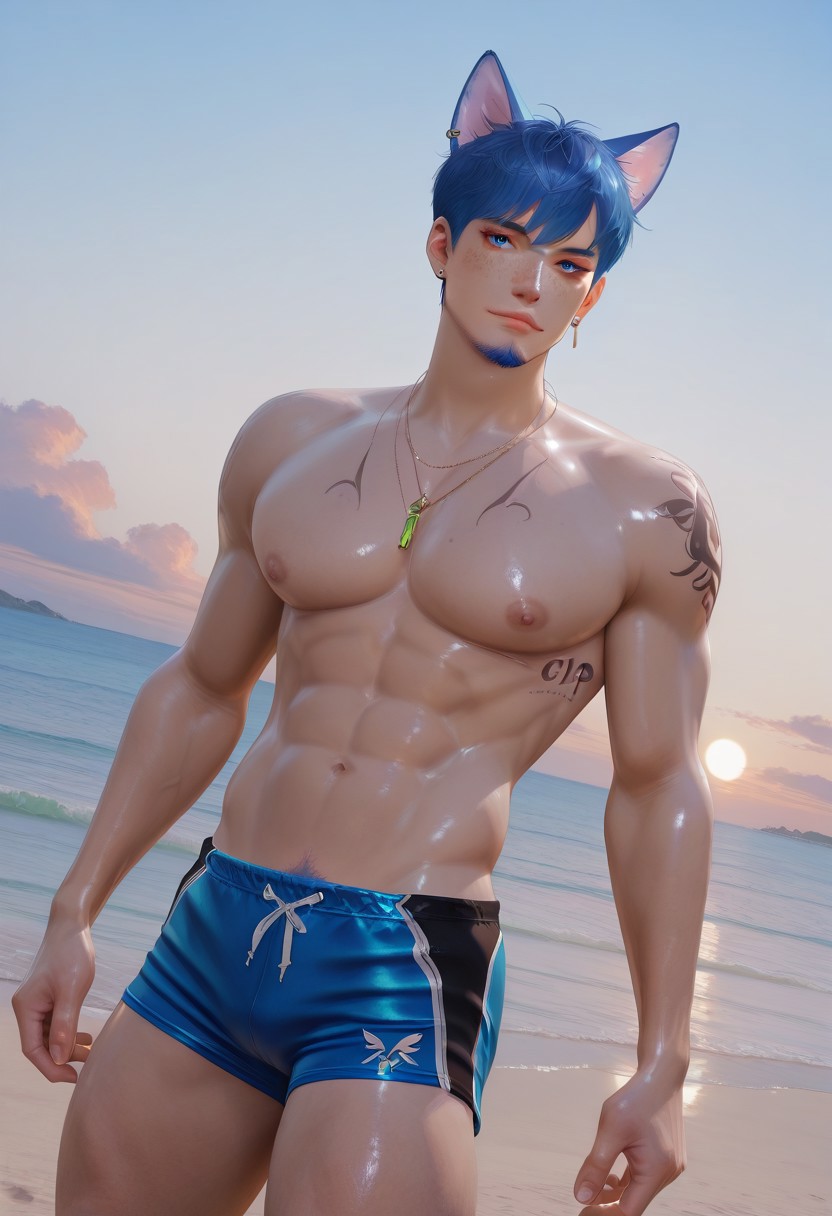score_9, score_8_up, score_7_up, 1boy, solo, male focus, Feng, man, handsome male, blue hair, short hair, blue eyes, black eyeliner, freckles, piercings, short beard, earrings, toned body, athletic physique, cat ears, young man, dynamic angle, looking at viewer, stunning handsome male model, big pecs, round nipples, slim waist, sexy v-line, pubic hair, gym shorts, slim muscular, gay, homoerotic, confident, abs, pecs, nipples, v-line, pubic hair, outdoors, beach, golden hour, elegant atmosphere, high quality, realistic, hd render,