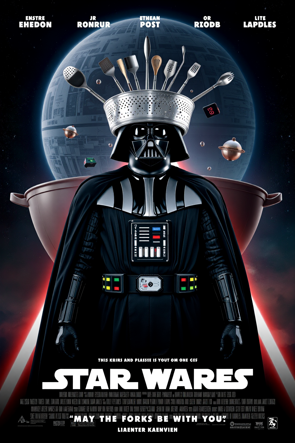 mvpstr with the title:"STAR WARES", cinematic movie poster featuring Darth Vader with a kitchen colander hilariously replacing his iconic helmet. His imposing figure is still dressed in full black armor, but the absurdity of the colander contrasts with his usual menacing presence. Behind him, instead of the Death Star, there's a giant kitchen pot and utensils floating in space. Lightsabers have been replaced with glowing kitchen tools, like spatulas and ladles. The tagline at the bottom reads: "May the Forks Be with You!" in a playful, space-themed font, completing the comedic twist. <lora:schnell_v1.0:1.0> <lora:EpicMoviePoster-000015:0.8>