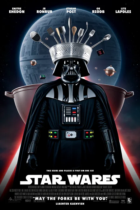 mvpstr with the title:"STAR WARES", cinematic movie poster featuring Darth Vader with a kitchen colander hilariously replacing his iconic helmet. His imposing figure is still dressed in full black armor, but the absurdity of the colander contrasts with his usual menacing presence. Behind him, instead of the Death Star, there's a giant kitchen pot and utensils floating in space. Lightsabers have been replaced with glowing kitchen tools, like spatulas and ladles. The tagline at the bottom reads: "May the Forks Be with You!" in a playful, space-themed font, completing the comedic twist. <lora:schnell_v1.0:1.0> <lora:EpicMoviePoster-000015:0.8>