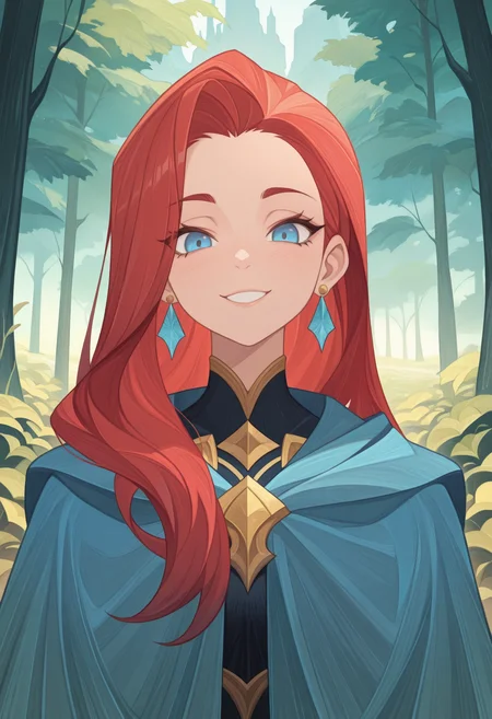 masterpiece, best quality, amazing quality,,<lora:afkArenaIllustrious:1>
afkarenastyle,
1girl, female, solo, portrait, female focus, red hair, blue eyes, long hair, light skin, smile, looking at viewer, outdoors, beautiful, blue cloak with gold trimming, earrings, green trees