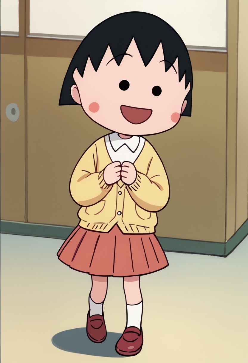 score_9, score_8_up, score_7_up BREAK ChibiMaruko, 1girl, black bobcut, black dot eyes, pink circle blush, happy, solo, solo focus, open yellow cardigan with orange pockets, long-sleeved white shirt, red pleated skirt. white socks, flat red shoes, full body,
