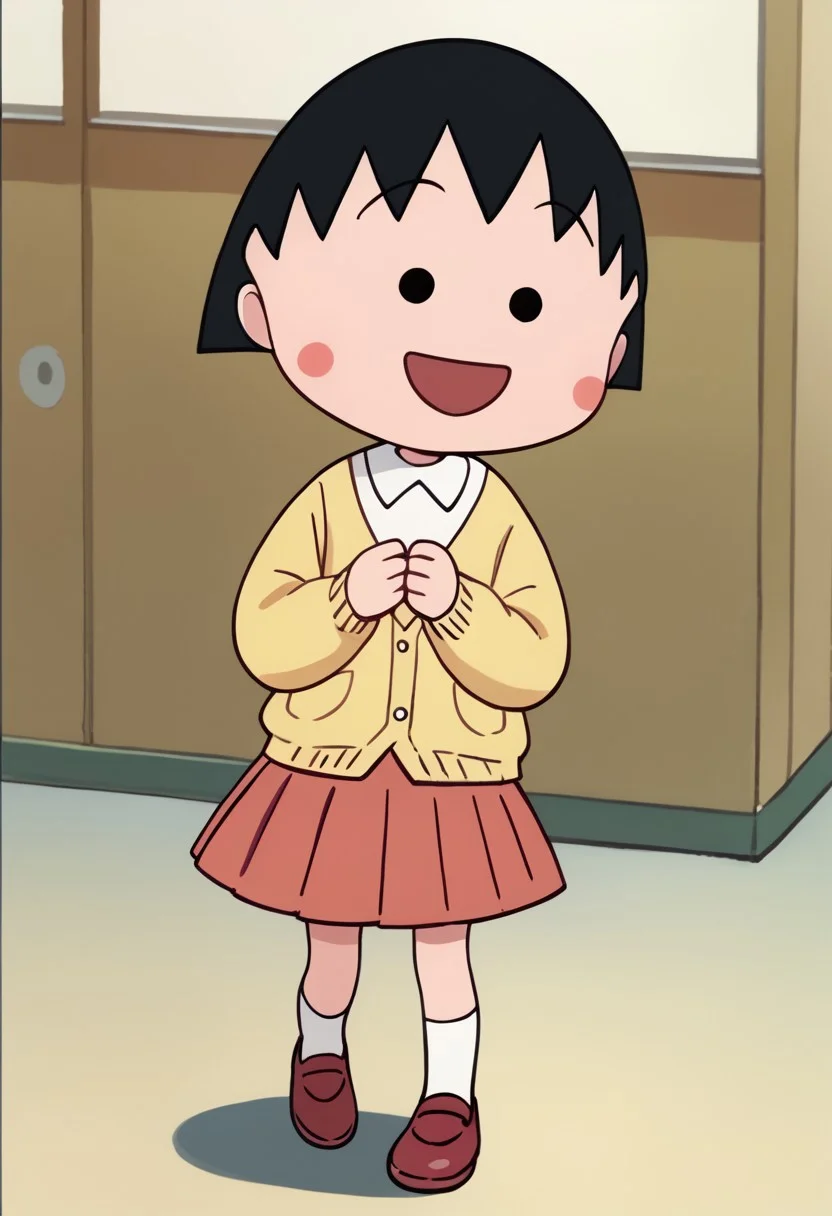 score_9, score_8_up, score_7_up BREAK ChibiMaruko, 1girl, black bobcut, black dot eyes, pink circle blush, happy, solo, solo focus, open yellow cardigan with orange pockets, long-sleeved white shirt, red pleated skirt. white socks, flat red shoes, full body,