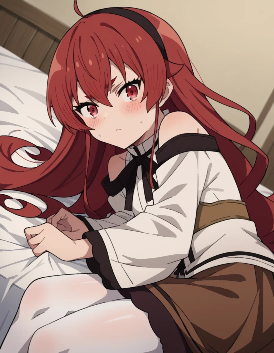 score_9, score_8_up, score_7_up, source_anime,
erisgreyrat, <lora:eris-boreas-greyrat-s1-ponyxl-lora-nochekaiser:1>,
eris greyrat, ahoge, hair between eyes, long hair, red eyes, red hair, sidelocks,
black hairband, black ribbon, brown skirt, hairband, long sleeves, neck ribbon, pantyhose, ribbon, shirt, shoulder cutout, skirt, white pantyhose, white shirt, wide sleeves,
indoors, bed, bed room, on side, blush, drunk,
looking at viewer, dutch angle, cowboy shot,