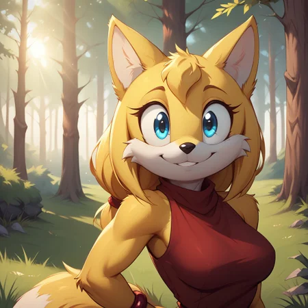 score_9, score_8, BREAK, solo, Zooey the Fox, yellow skin, blue eyes, red dress, red bracelets, yellow tail, furry, furry female, adult female, mature female, breasts, sexy pose, self portrait, smile, outdoors, sunlight, shadows, evening lighting, natural lighting, forest, trees, grass, orange sky, sunset