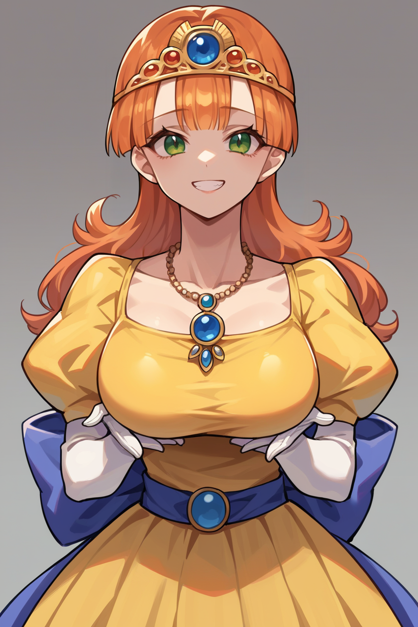 score_9, score_8_up, score_7_up, score_6_up, source_anime, 1girl, solo  <lora:dqlaura-pdxl-nvwls-v1-000005:1> dqlaura, orange hair, tiara, necklace, yellow dress, puffy sleeves, elbow gloves, white gloves, big breasts, breasts squeezed together, grin, looking at you, upper body, portrait, simple background, elbows