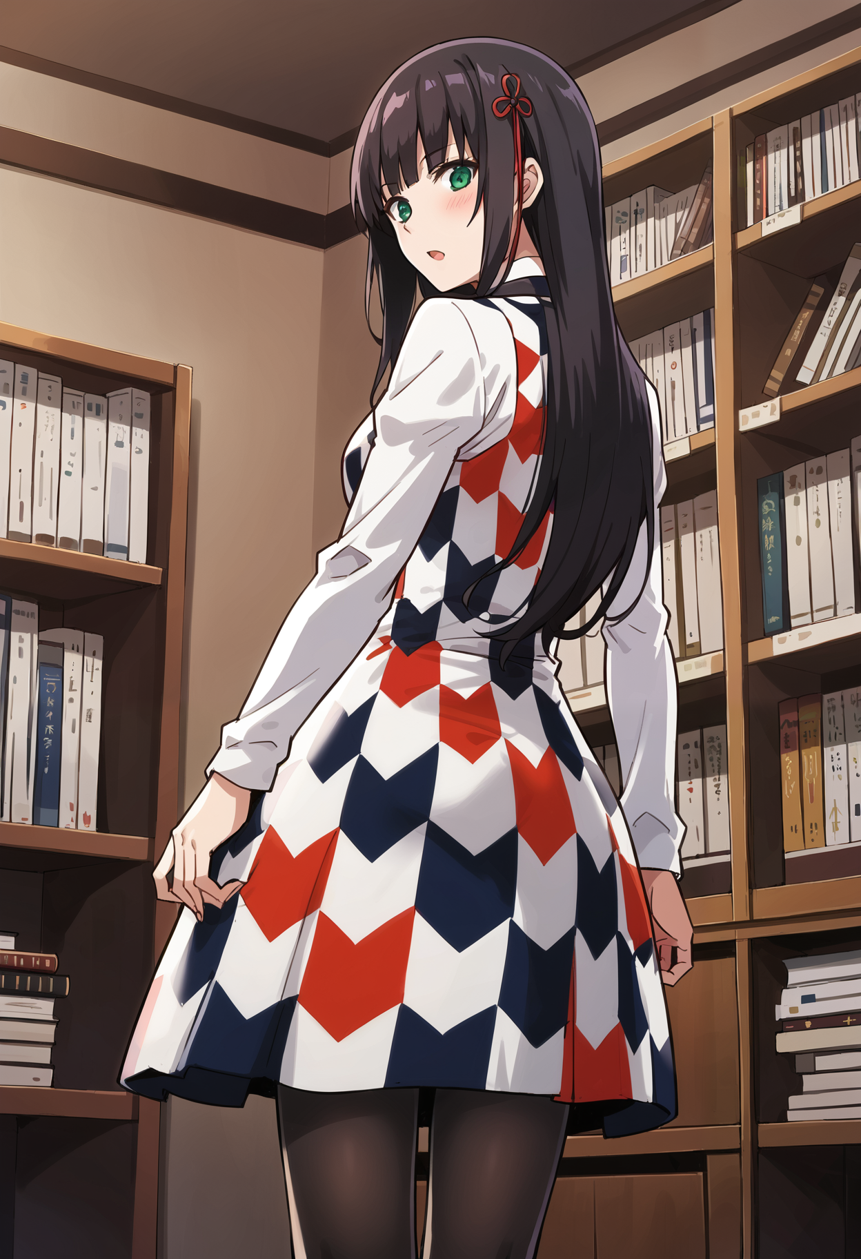 1 girl, solo, cute face,
defHifumi, p5hifumi, black hair, bangs, green eyes, long hair, hair ornament,
p5hifumi-dress, dress, checkered dress, black pantyhose, long sleeves,
bookstore, standing, from behind, low angle, looking back, blushing, surprised,
masterpiece, best quality, ultra detailed,