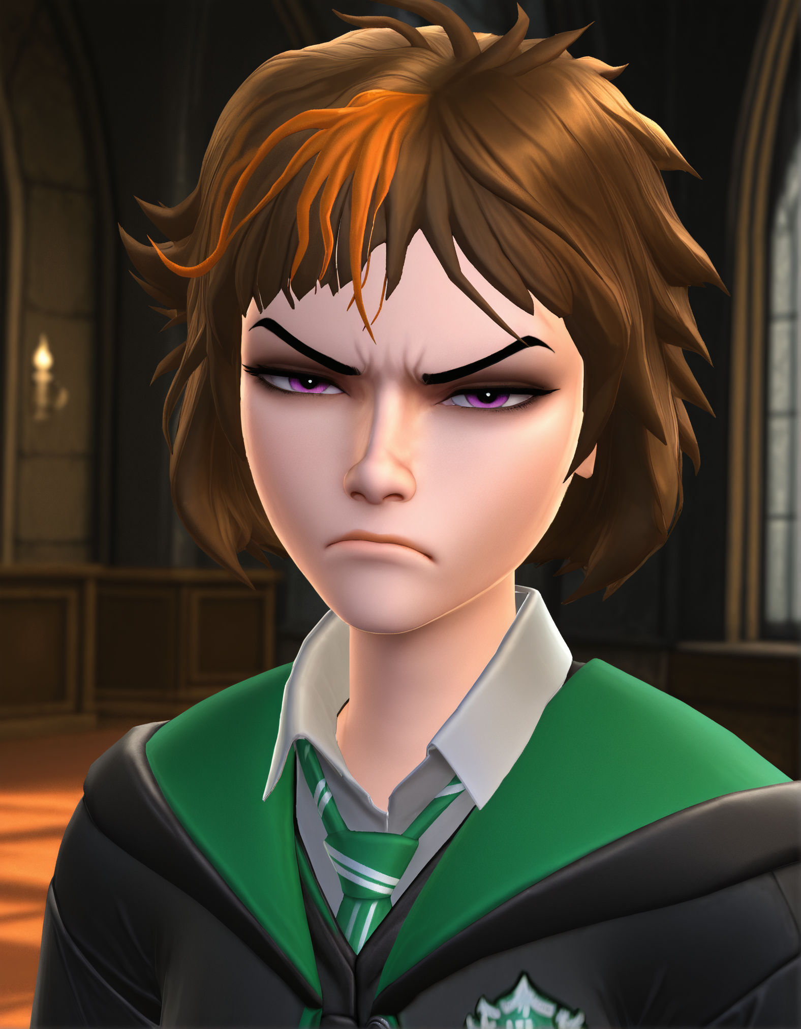 1girl, merula, realistic, 3d, short hair, brown hair, purple eyes, hogwarts school uniform, upper body, looking at viewer, half-closed eyes, annoyed, blurry background, indoors, highly detailed, masterpiece, best quality, amazing quality, very aesthetic, absurdres