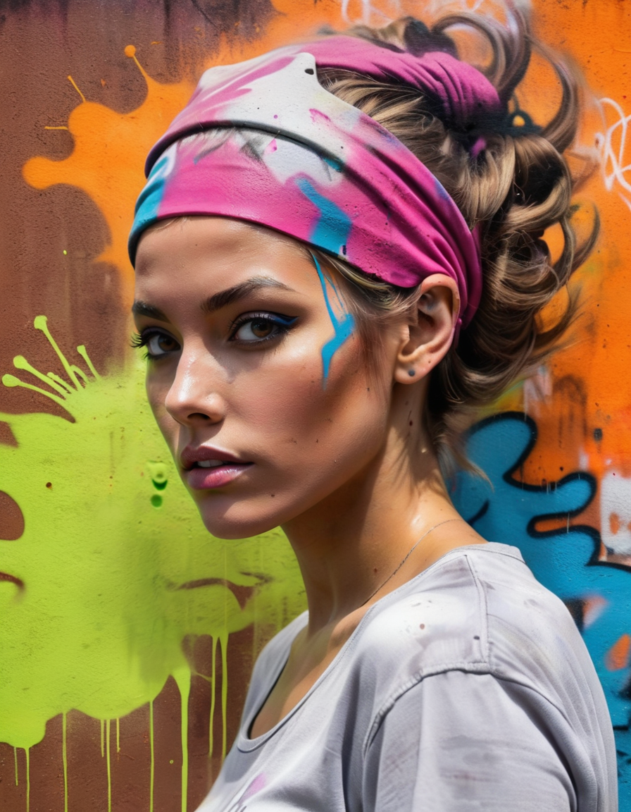 best quality, high quality, masterpiece, highres,
A color poster of a graffiti wall with spray tint on her head, portrait of a woman, upper body, minimalist, with dynamic movement and bold colors, 
 <lora:Nelli_Art_Style:0.6> <lora:WildcardX-XL-Detail-Enhancer:0.7>