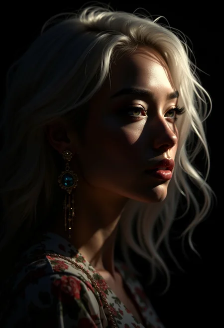 OBxiaoxiang, Silhouette Art, magnificent, dark background, portrait of stunning oriental woman, platinum hair, seductive, sultry, lustful, fishnet, light hitting one side of face