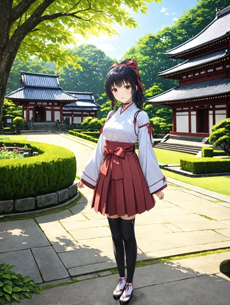masterpiece, best quality,
realistic,
<lora:divinemikokoyori.sdxl.v1-000009:0.85>
divinemikokoyori,  long long sleeves, 
1girl, solo,
 outdoors, sunshine, 
raw photo, garden, temple,