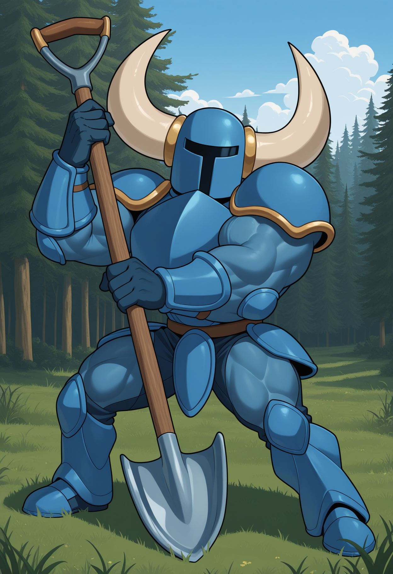 solo, 1 boy, male focus, full-length portrait, sh0v3lkn1ght, armor, horned helmet, fake horns, holding shovel, dynamic pose, muscular, outside, nature, forest, grass, sky, clouds, style parody,
perfect anatomy, masterpiece, perfect quality, best quality, detailed, newest, very aesthetic <lora:ShovelKnight_V1_ILXL:0.9>