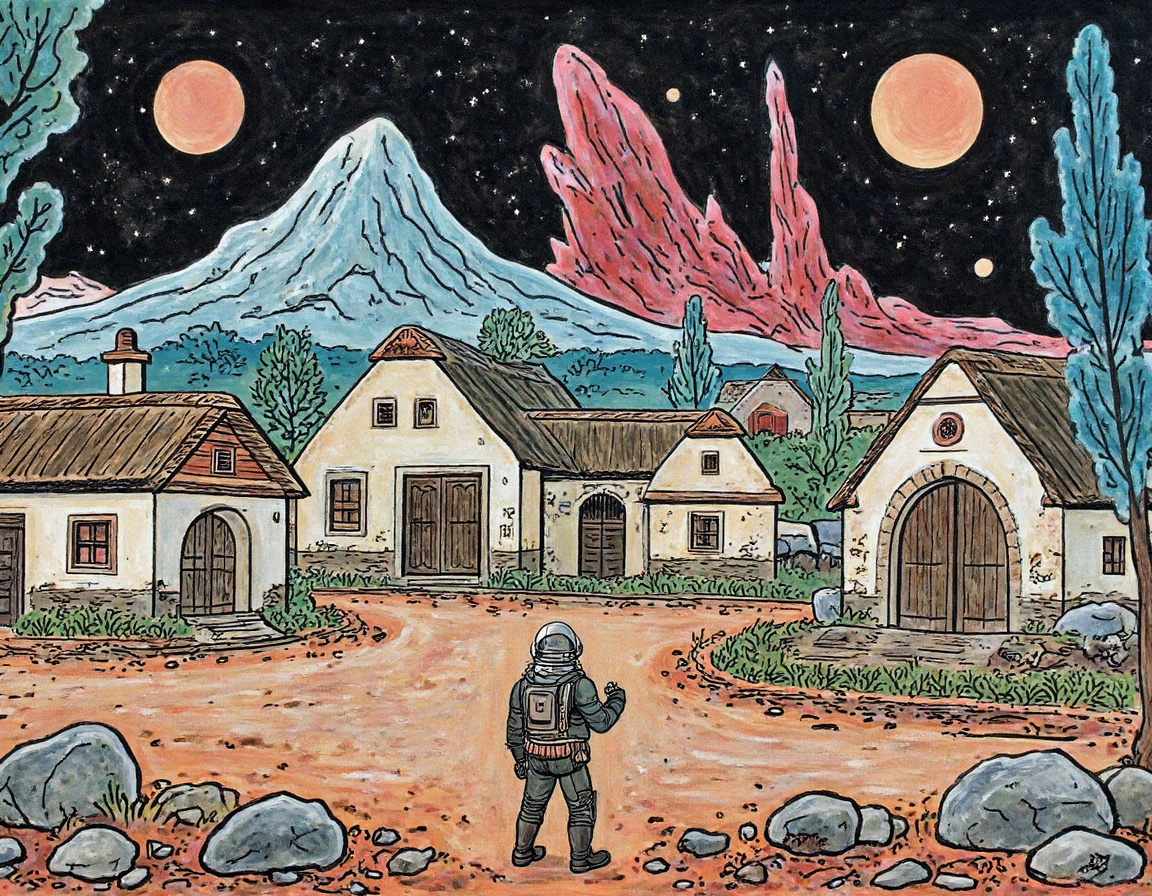 painting in style of Josef Lada. close view to old man wearing space armor standing in empy square in abandoned rural village,the village is perfectly normal, but there is a strange blue alien trees around it, a very high mountain of red crystal can be seen in the distance and two alien suns in the sky
 <lora:joseflada:0.86>