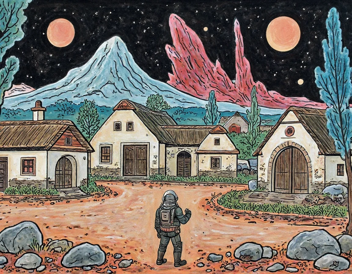 painting in style of Josef Lada. close view to old man wearing space armor standing in empy square in abandoned rural village,the village is perfectly normal, but there is a strange blue alien trees around it, a very high mountain of red crystal can be seen in the distance and two alien suns in the sky
<lora:joseflada:0.86>