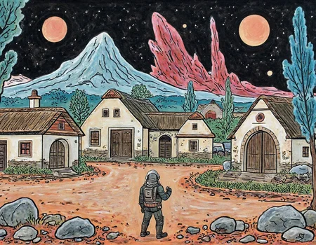 painting in style of Josef Lada. close view to old man wearing space armor standing in empy square in abandoned rural village,the village is perfectly normal, but there is a strange blue alien trees around it, a very high mountain of red crystal can be seen in the distance and two alien suns in the sky
 <lora:joseflada:0.86>