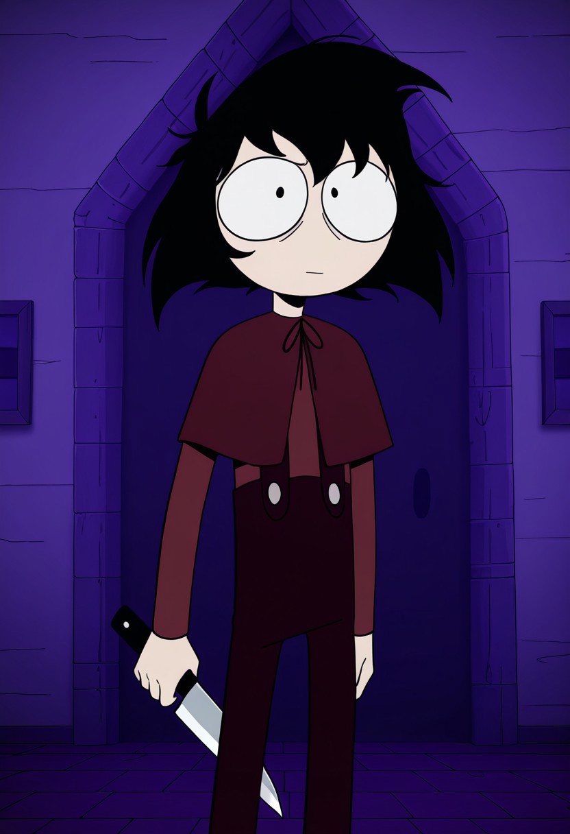 score_9, score_8_up, score_7_up, masterpiece, best quality, amazing quality, Jester Jesterson, 1boy, solo, caplet, overalls, 4 fingers, black eyes, knife, black hair, solo, holding, parody, long sleeves, style parody