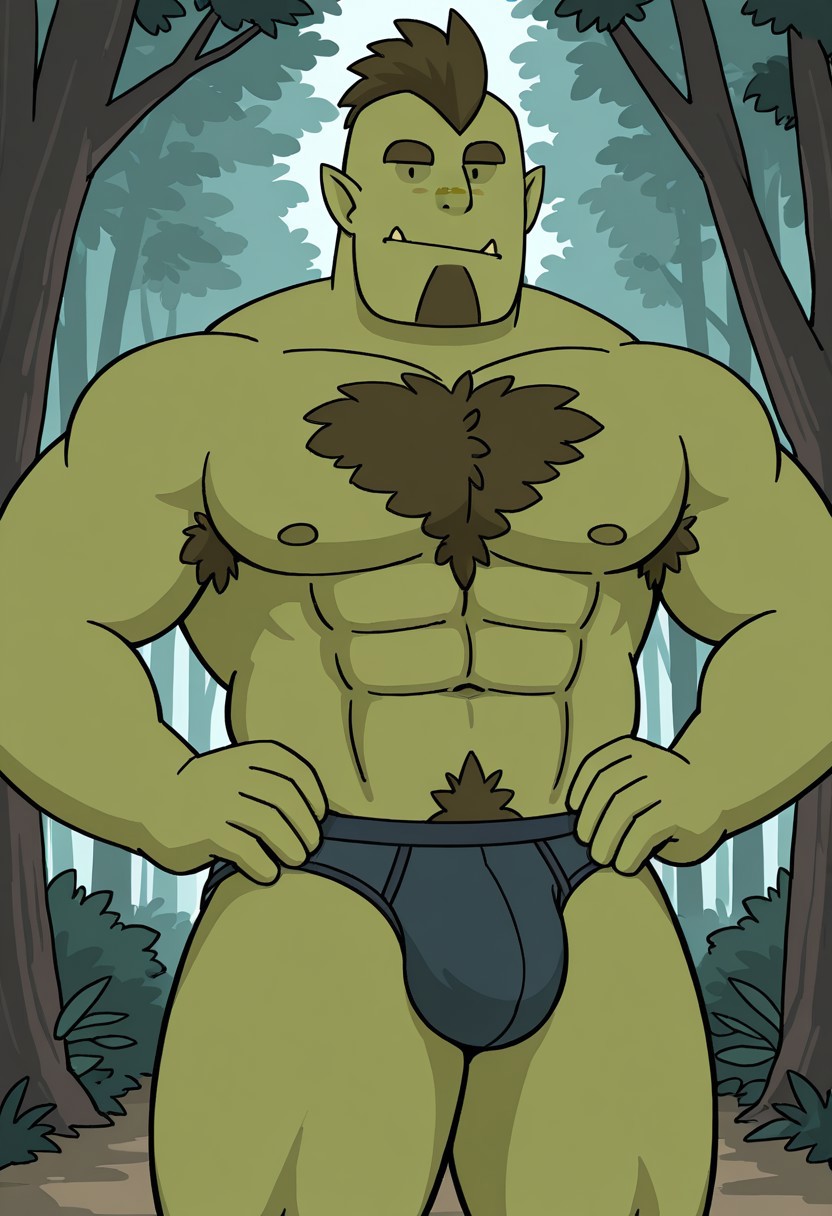 detailed background, detailed background, masterpiece, perfect quality, best quality, detailed, newest, very aesthetic, OrcRMA, tusks, orc, pointy ears, facial hair, short hair, bara, solo, 1boy, male focus, woods background, pectorals, abs, muscular, smile, chest hair, looking at viewer, black dot eyes, green skin, briefs, bulge, hands on hips