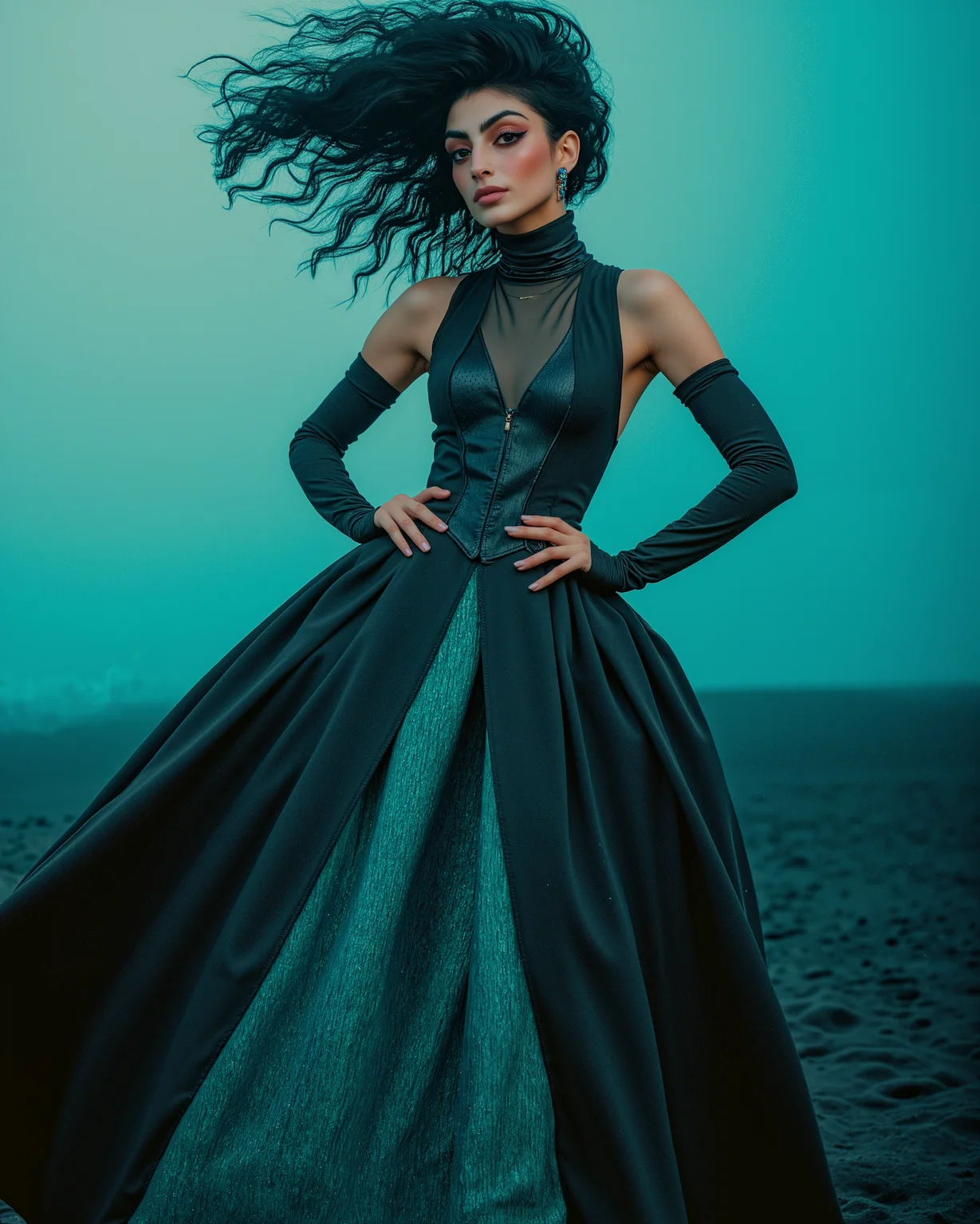 Farah Flux style woman, the background bright teal, futuristic carbon fiber weave fabric avant garde photoshoot, a full-length shot of Farah , long curly black hair blowing in the wind, futuristic high collar teal and black huge ballroom gown, high collar hoop skirt ball gown with cyberpunk, lots of details, dress covers all whe way up to her neck, symmetrical dress, futuristic high heal shoes, Her pose is confident and slightly provocative; she stands with hands on her hips, Her facial expression exudes confidence and allure. posing on the dark black sand desert, masterpiece, hight resolution, delicate detail, (realistic glowing fog), highly detailed, perfect female anatomy., (long exposure , dystopian but extremely beautiful), The background features dramatic lighting. There is a misty atmosphere adding depth to the scene, betterface style, Fujicolor Pro 400H film, yellow light, teal smoke, black hair, goth makeup, black eyeshadow, closeup on face<lora:Flux\mine\fromdownload\betterface-v2.safetensors:0.6900000000000001:0.6900000000000001> <lora:Flux\celeb\Farah_Final.safetensors:1.0:1.0> <lora:Flux\flux.1_lora_flyway_Epic-Characters_v1.safetensors:0.5:0.5>