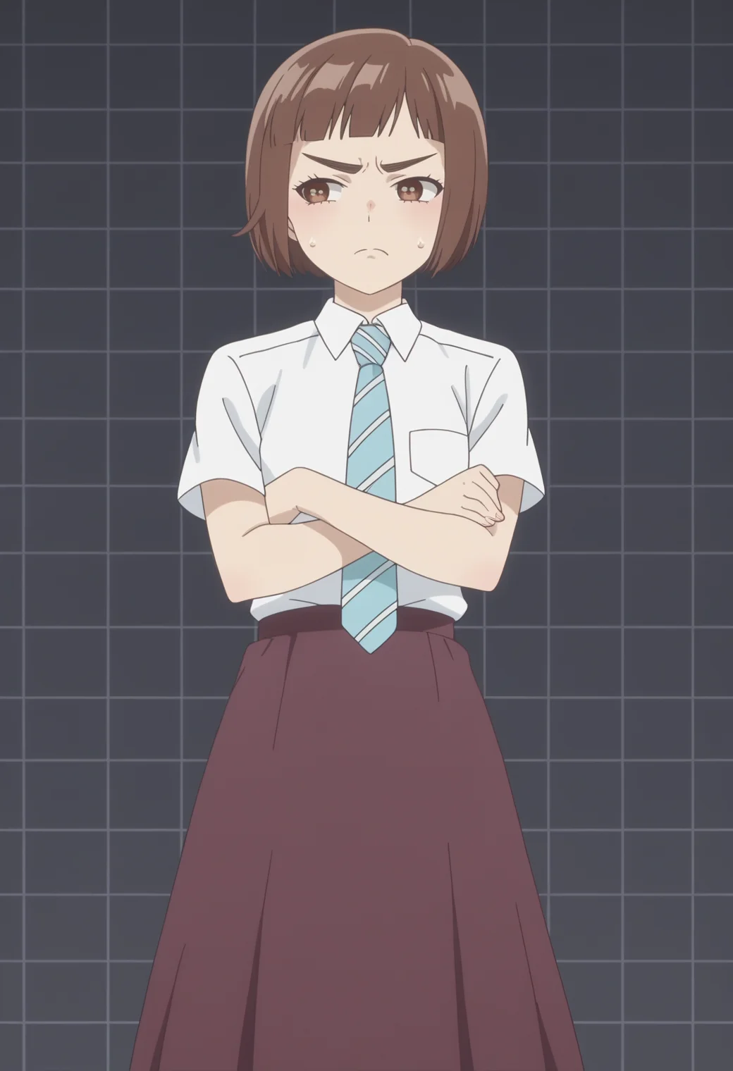 score_9, score_8_up, score_7_up, anime screencap, BREAK, 1girl, solo <lora:DX888Kazusa:1> onodera kazusa, brown eyes, brown hair, thick eyebrows, bob cut, micro bangs, school uniform, long skirt, necktie, BREAK
expressionless, half-closed eyes, nervous, nervous sweating, looking away, frown,, dark gray background, simple background, grid background,, Punching forward, fist clenched