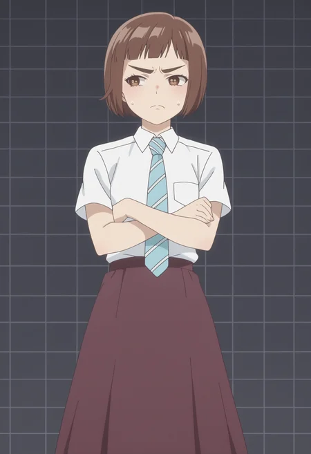 score_9, score_8_up, score_7_up, anime screencap, BREAK, 1girl, solo <lora:DX888Kazusa:1> onodera kazusa, brown eyes, brown hair, thick eyebrows, bob cut, micro bangs, school uniform, long skirt,  necktie, BREAK
 expressionless, half-closed eyes, nervous, nervous sweating, looking away, frown,, dark gray background, simple background, grid background,,  Punching forward, fist clenched