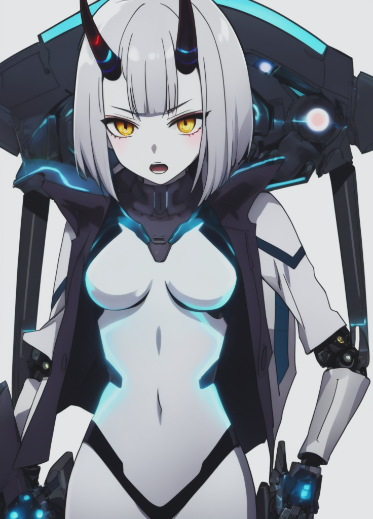 <lora:Ataru:1>, Ataru, 1girl, yellow eyes, heterochromia, glowing,  solo, pale skin, short hair, single horn, horns, navel, breasts, white background, simple background, long hair, jacket, grey hair, open mouth, medium breasts, android, mechanical parts