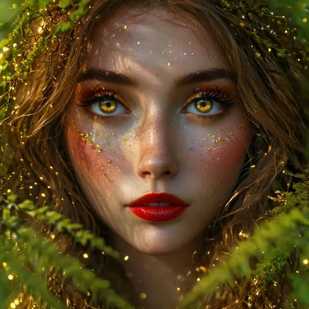 A hidden clearing, moss-draped forest, pulsed, otherworldly glow light. A bonfire, branches of rowan, (dancing shadows:1.2), whirlwind of violet and gold, surprised look on her face, detailed green/blue eyes, (red lipstick with brown tones) (detailed face:1.2), (golden glitter:1.2), hair mixed with leaves