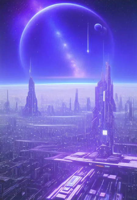 High quiality, high resolution, high definition,
Magical city with skyscrapers, a planet with purple colors and lines that emit white light surrounded by a planet ring, with the view from behind a cat looking towards the city, citybkg, anime style, high ilumination, galaxy sky, calid colours, spacial station