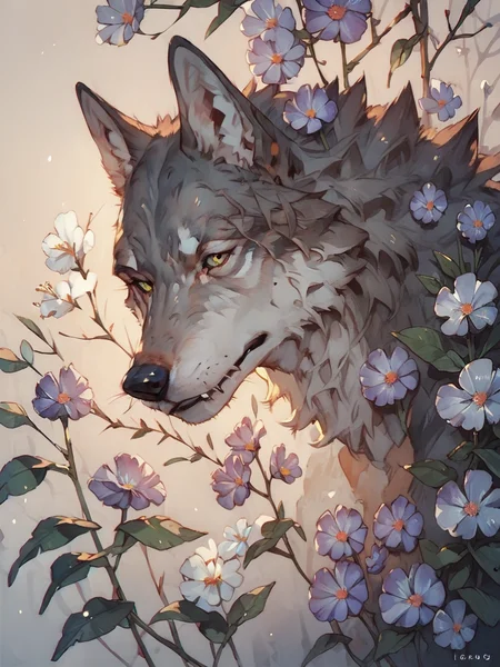 score_9, score_8_up, score_7_up, score_6_up, score_5_up, score_4_up, wolf, <lora:w4t3rc0l0urXLP:0.8> w4t3rc0l0ur, flowers,