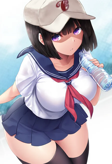 masterpiece,best quality,
<lora:MSIZE_Style_Illustrious:1>,msize_style,1girl,solo,black hair,short hair,bob cut,purple eyes,school uniform,serafuku,sailor collar,red neckerchief,black thighhighs,blue skirt,pleated skirt,zettai ryouiki,collarbone,large breasts,baseball cap, bottle,water bottle,towel,holding,
looking at viewer,cowboy shot,dutch angle,dynamic pose,