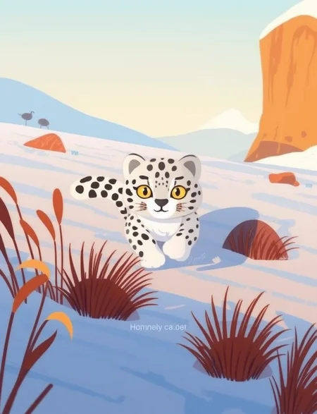 in a vibrant color illustration, a chibi snow leopard is running in the snow land, it has a big yellow eyes with black pupiles and long furry tail, there are some withered grass and rocks and a cliff also in the background, forming a healing atomosphere