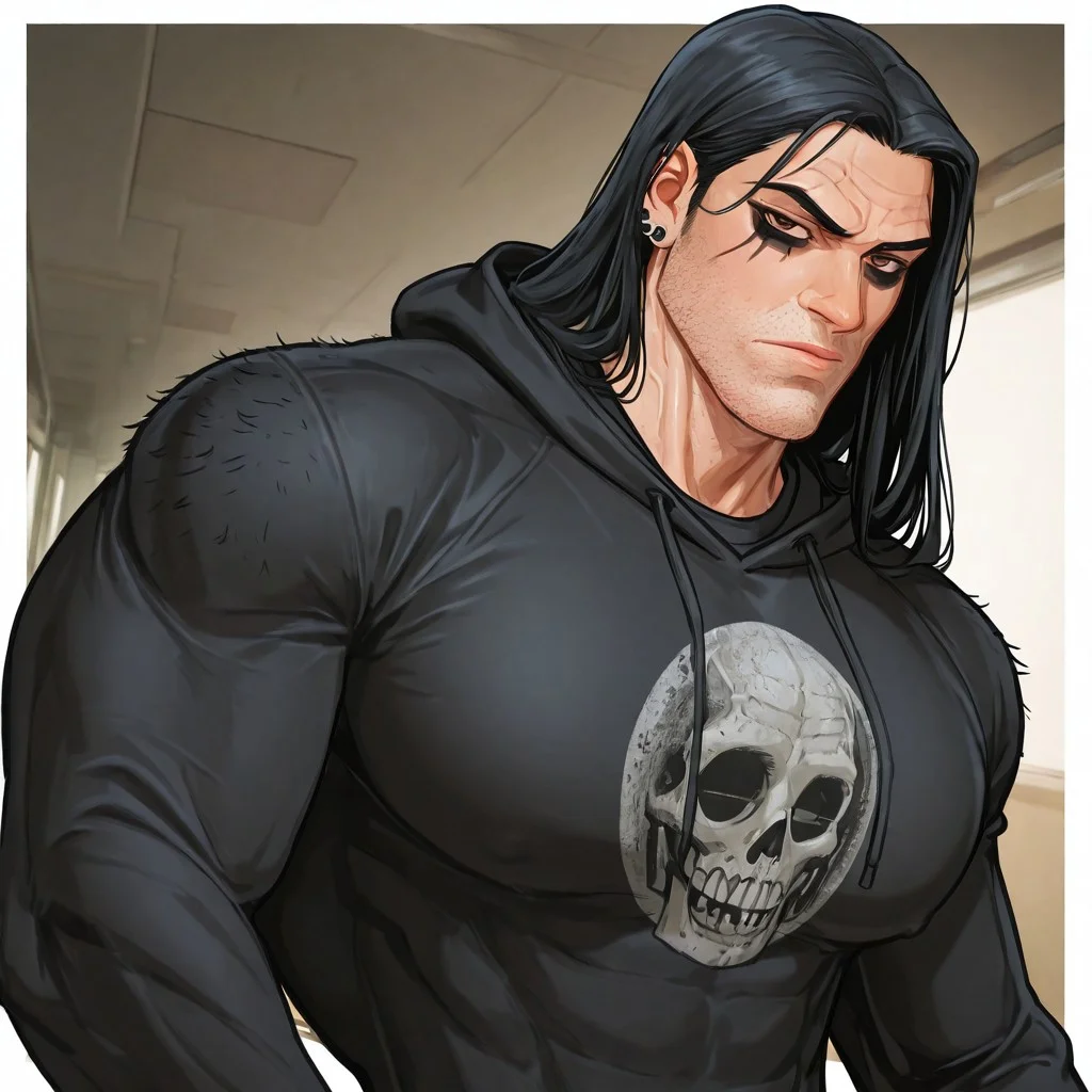 masterpiece, best quality, newest, absurdres, highres, white borders around characters, dim Light, dark soft light, school hallway, BREAK bara, muscular male, male focus, 1man, male focus, 1boy, big pecs, bodybuilder, huge shoulders, hairy shoulders, hairy body, body hair, big muscles, long hair, straight hair, black hair, goth (((black stubble))) stubble, {{beefy}}, {{muscular}}, {{large}}, {{tall}}, portrait, HD, detailed face, veiny neck, veiny arms, upper body focus, portrait, face close up, close up shot, very awa, best quality, absurdres, newest, perfect quality, mouth closed, tight hoodie, black hoodie, nose septum, black earrings, light white skin, brown eyes, serious, eyes half closed, bored, thin waist, shoulder angle, face close up, zoom on face, black earrings, dynamic pose, goth makeup, black nails, chest covered, pecs covered, fully clothed, dynamic poses, side angle, eye shadow, looking at viewer, side angle, standing, frown, arms crosed, punk