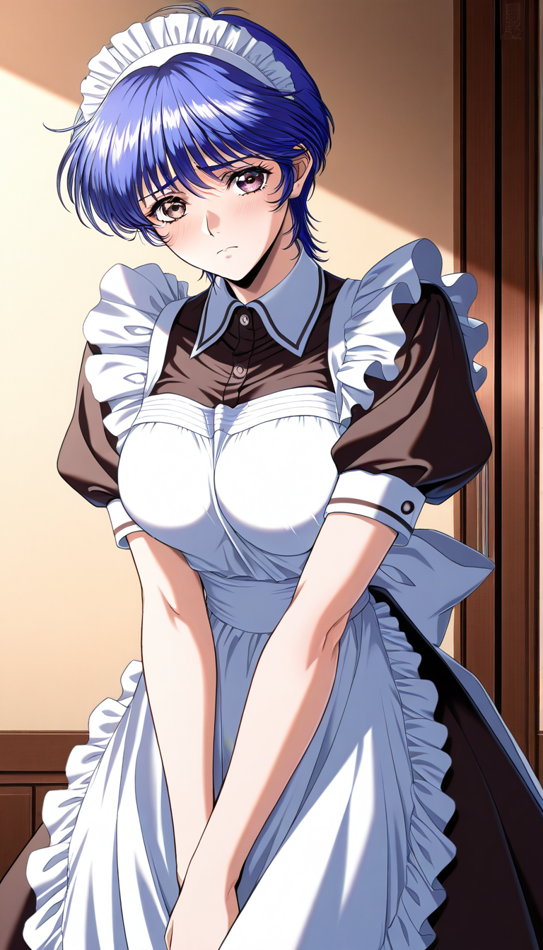 masterpiece, best quality, good quality, <lora:Kurata_arisu_IS:0.9> Kurata_arisu, blue hair,  blush, (no glasses:1.5)
short hair, large breasts,brown eyes, yokota mamoru style,
1girl, solo, maid, maid headdress, apron, short sleeves, looking at viewer, 
maid apron, v arms, frown, sad, puffy sleeves, dress,
Western-style building in the room.
