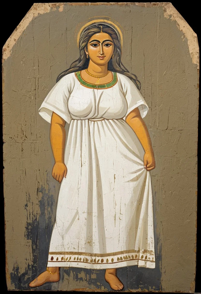 Full body masterpiece fayoum paint portrait of an attractive 45 years old mature chubby beautiful woman wear white tunic, long hairs, saggy enormous breasts, figure abstract, dark mooted background colors, fayoum paint fresco