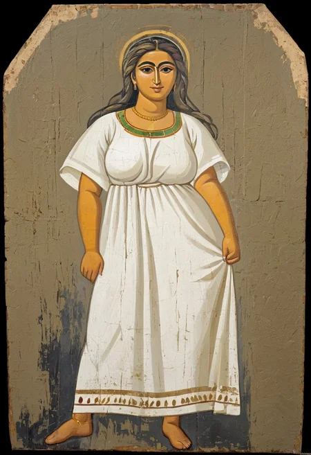 Full body masterpiece fayoum paint portrait of an attractive 45 years old mature chubby beautiful woman wear white tunic, long hairs, saggy enormous breasts, figure abstract, dark mooted background colors, fayoum paint fresco
