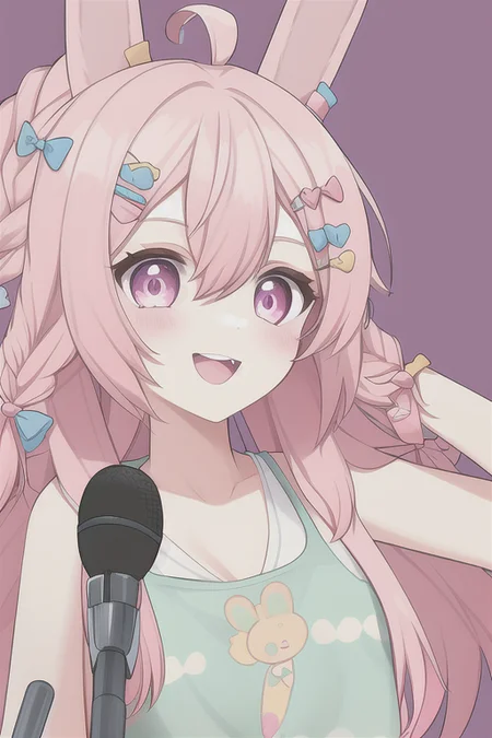 the photo of a 1girl, ahoge, animal_ears, bare_shoulders, blue_bow, bow, braid, collarbone, hair_bow, hair_ornament, hairclip, long_hair, open_mouth, pink_eyes, pink_hair, rabbit_ears, smile, solo, twin_braids, upper_body, virtual_youtuber, stage, stage lights, microphone, holding microphone, backwards hat, parappa the rapper, pipkin pippa