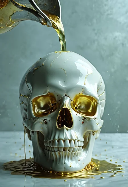 A breathtaking image of a white human skull with liquid gold being poured on its head, highly detailed, high quality surreal image, movie poster style