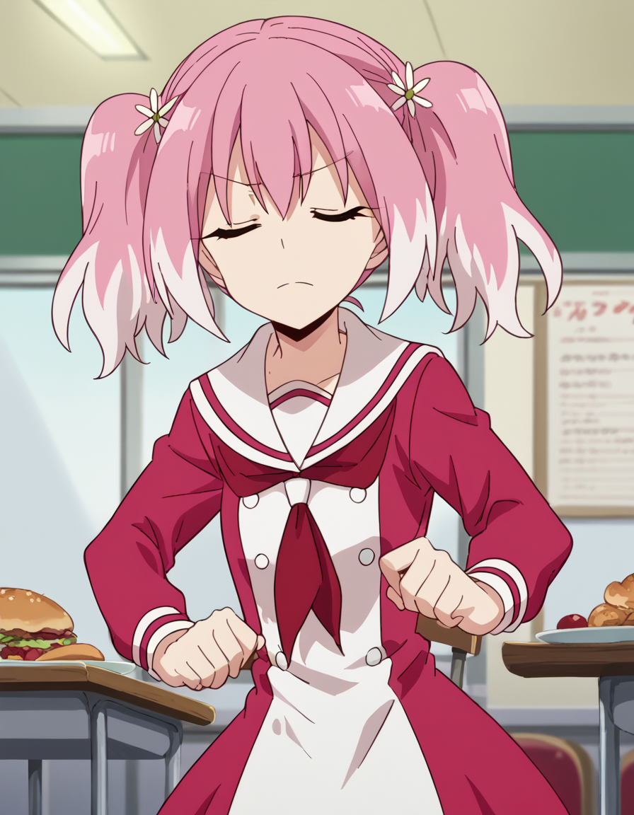 score_9, score_8_up, score_7_up, source_anime, <lora:nana-hiiragi-s1-ponyxl-lora-nochekaiser:1>, nana hiiragi, aqua eyes, twintails, pink hair, flower, white hair, multicolored hair, hair flower, two-tone hair, anime screencap, dress, school uniform, sailor dress, red neckerchief, white sailor collar,, cafeteria, tables, food trays, chairs, line, , <lora:zui-zui-dance-ponyxl-lora-nochekaiser:1>, zui zui dance, dancing, closed eyes,, looking at viewer, solo,, dutch angle, cowboy shot