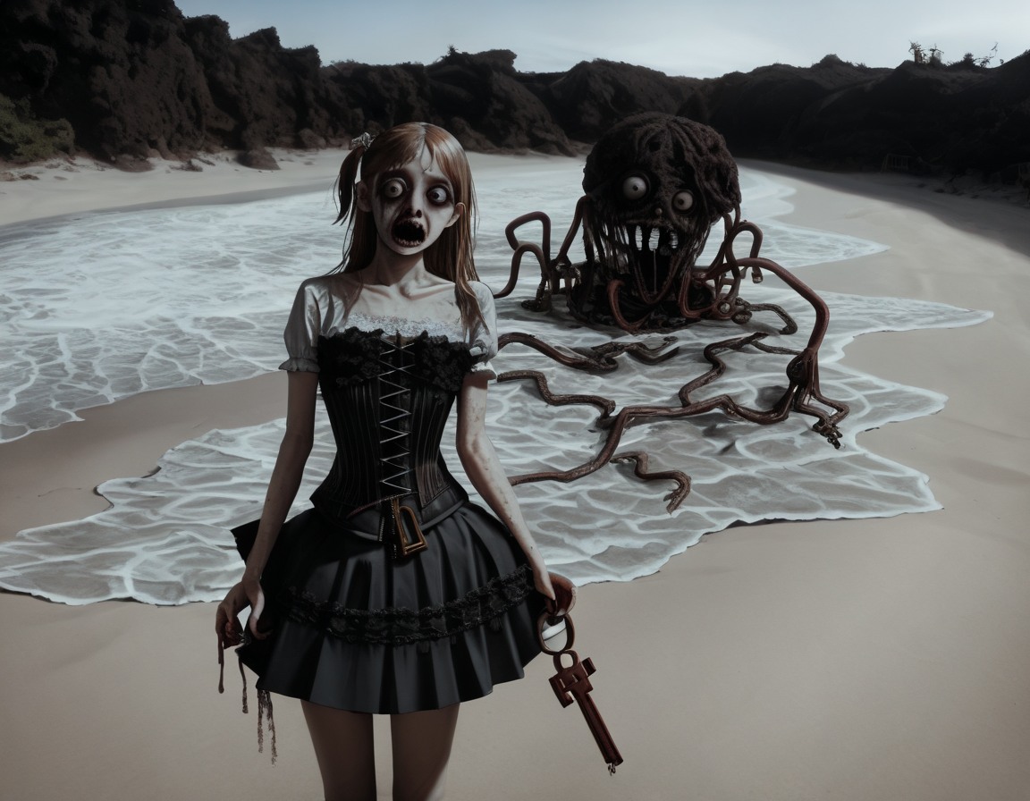 (score_9,score_8_up,score_7_up:1), 1girl, full body, Off center view, horror, daylight, warm tones, Cute, (goth, (black lipstick, black mascara, black eyeshadow)), (skinny), neonglow color hair, intricate layered hairstyle, choker, eyeshadow)) (etherial scarred skin), Huge ass, narrow waist, (Running), messy beach, (<lora:zavy-cntrst-sdxl:1> chiaroscuro, low-key, horror), ((<lora:goth_clothes:1> skirt(side lace-up corset, black skirt))), <lora:AdamHughes_PDXL-style:1> AdamHughesstyle, <lora:add-detail-xl:1>