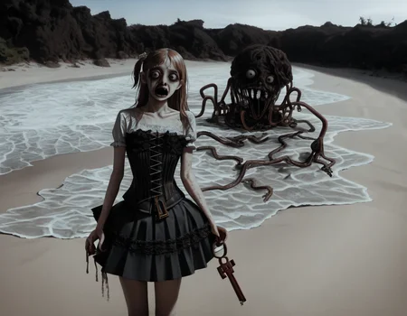 (score_9,score_8_up,score_7_up:1), 1girl, full body, Off center view, horror, daylight, warm tones, Cute, (goth, (black lipstick, black mascara, black eyeshadow)), (skinny), neonglow color hair, intricate layered hairstyle, choker, eyeshadow)) (etherial scarred skin), Huge ass, narrow waist, (Running), messy beach, (<lora:zavy-cntrst-sdxl:1> chiaroscuro, low-key, horror), ((<lora:goth_clothes:1> skirt(side lace-up corset, black skirt))), <lora:AdamHughes_PDXL-style:1> AdamHughesstyle, <lora:add-detail-xl:1>