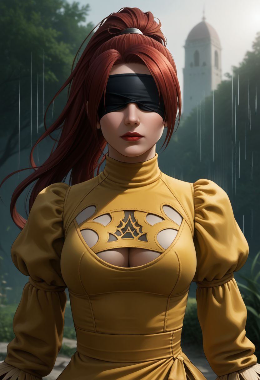 end_jngr3y, 1girl, solo, long hair, looking at viewer, green eyes, upper body, red hair, lips, dress , red nails, emphasis lines, red lips, outdoors, juliet sleeves, clothing cutout, gloves, cleavage cutout, covered eyes, long sleeves, feather-trimmed sleeves, puffy sleeves, yellow dress, blue pauldrons, headband,long hair, high ponytail, upper body BREAK PonyXLV6_Scores