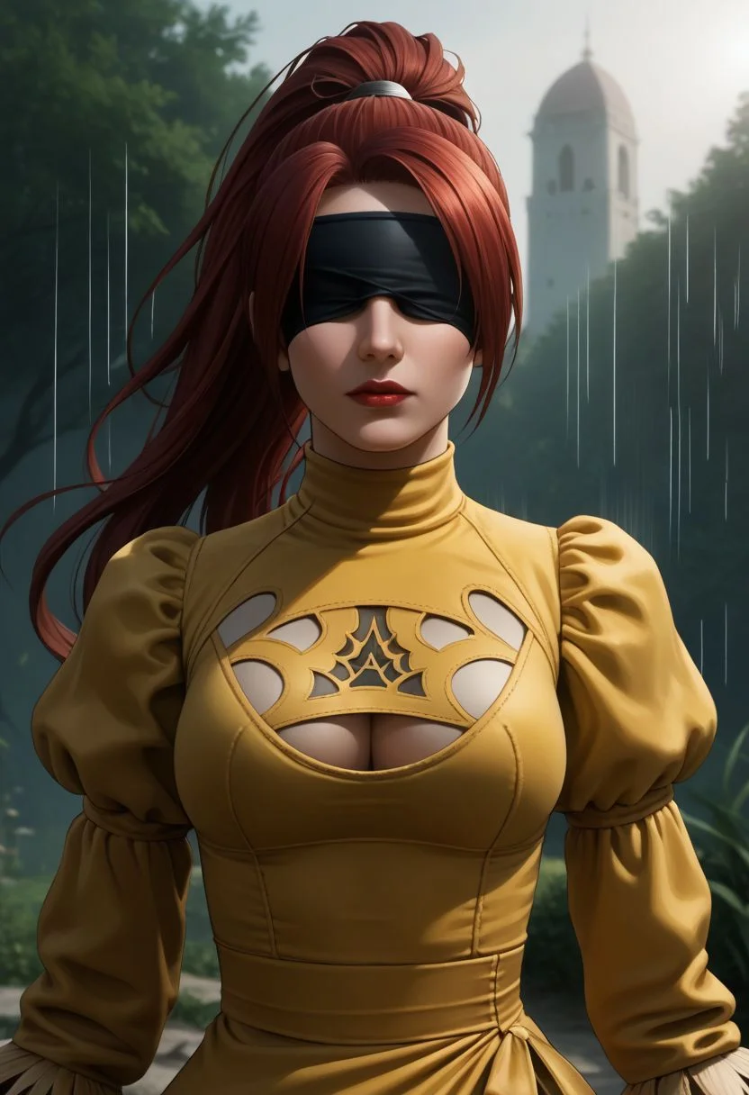 end_jngr3y, 1girl, solo, long hair, looking at viewer, green eyes, upper body, red hair, lips, dress , red nails, emphasis lines, red lips, outdoors, juliet sleeves, clothing cutout, gloves, cleavage cutout, covered eyes, long sleeves, feather-trimmed sleeves, puffy sleeves, yellow dress, blue pauldrons, headband,long hair, high ponytail, upper body BREAK PonyXLV6_Scores