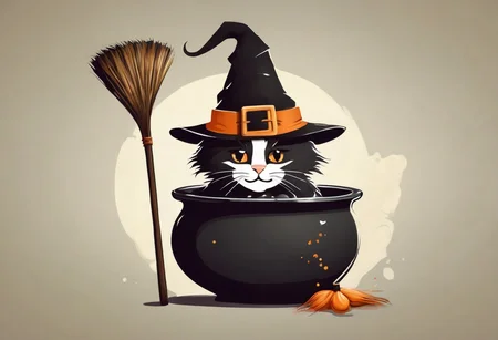 LogoRedAF Kitty, witch's hat, cauldron, broom <lora:LogoRedmond_LogoRedAF:1> <lora:add-detail-xl:1> <lora:xl_more_art-full_v1:1>