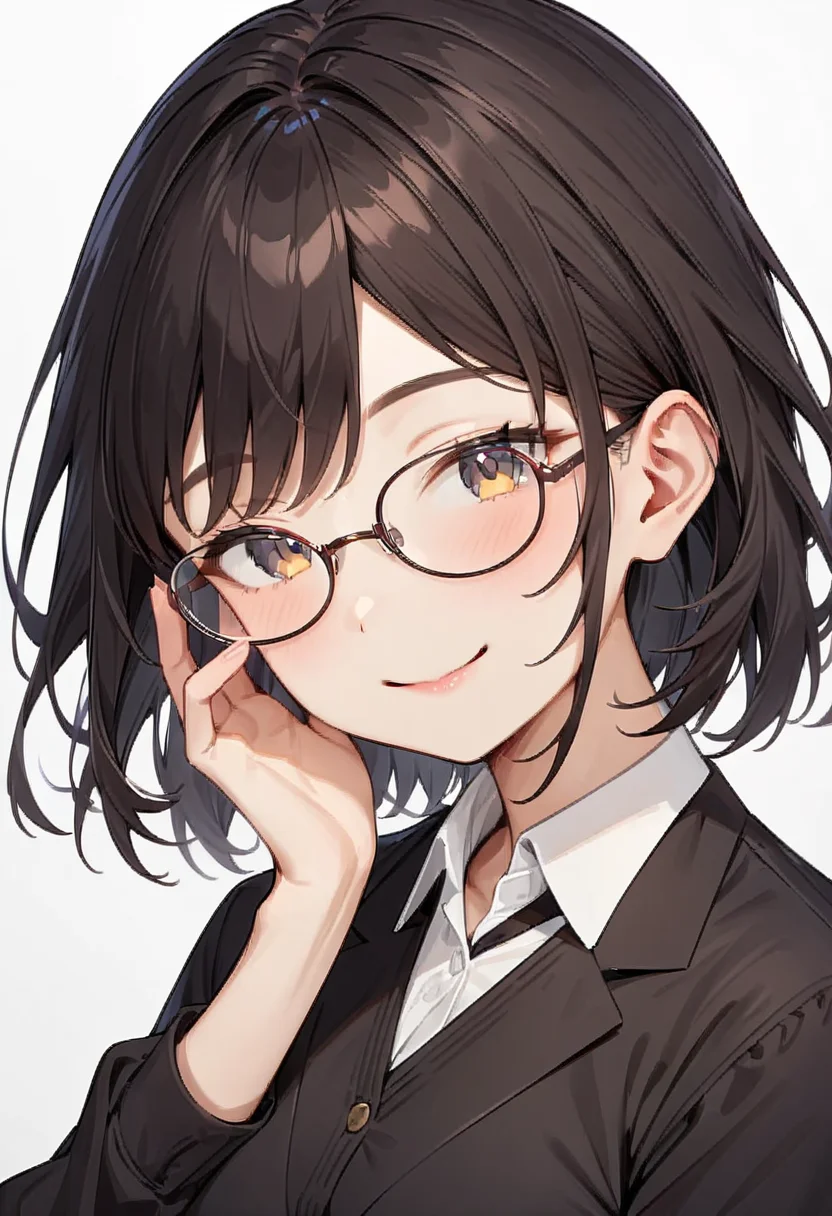 masterpiece, best quality, very aesthetic, absurdres,
1girl, solo, black hair, medium hair, smile, looking at viewer, upper body, collared shirt,
oval_metal, glasses, black-framed eyewear,
white background, simple background,
<lora:oval_glasses_metal-frame2_SDXL_V1:1>