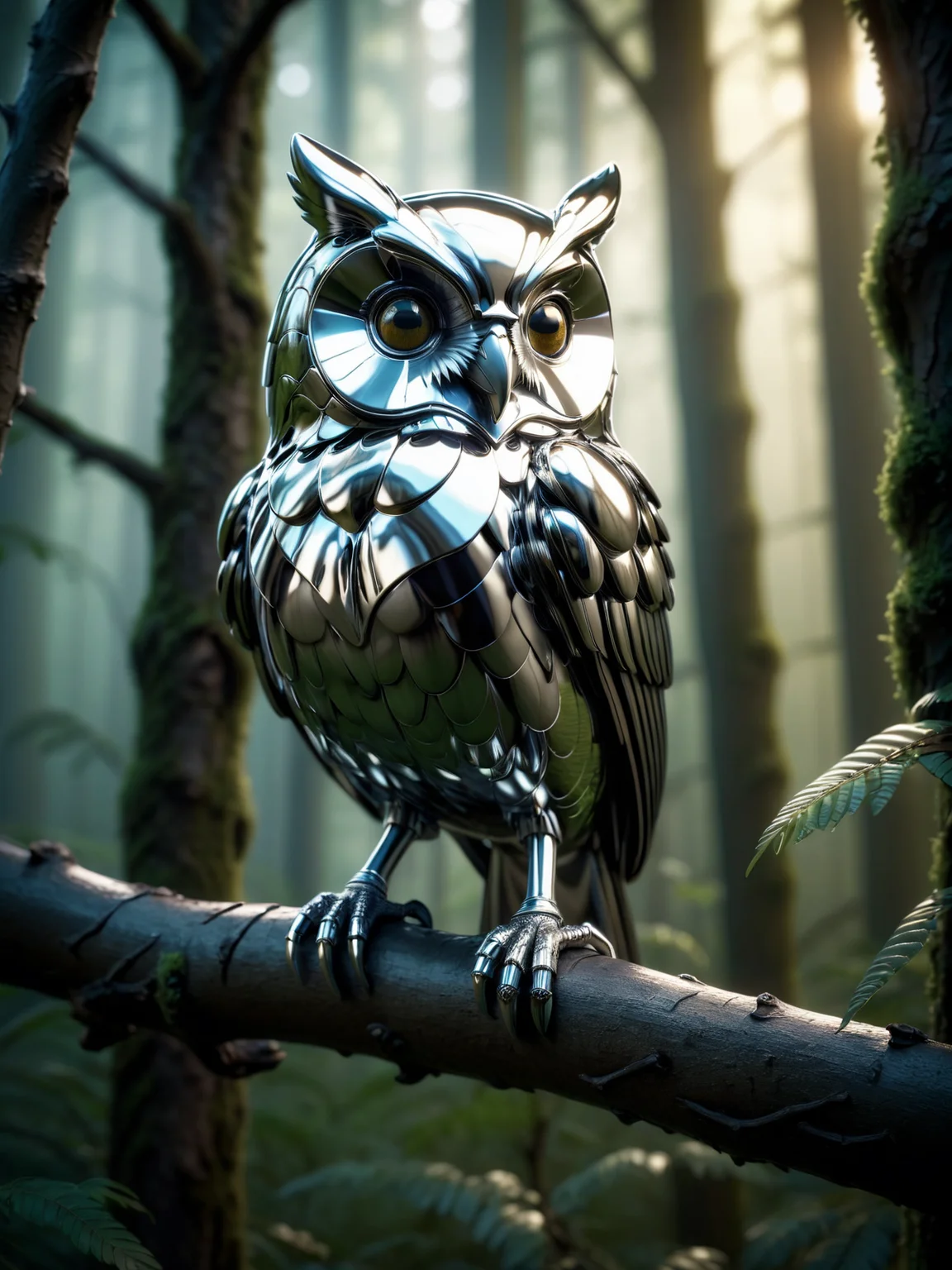 owl made of mad-chrm perched on branch, lush forest, depth of field, cinematic shot, dramatic lighting <lora:Chrome_SDXL:0.6>, (masterpiece:1.2), best quality