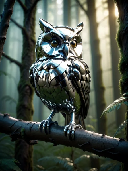 owl made of mad-chrm perched on branch, lush forest, depth of field, cinematic shot, dramatic lighting <lora:Chrome_SDXL:0.6>, (masterpiece:1.2), best quality